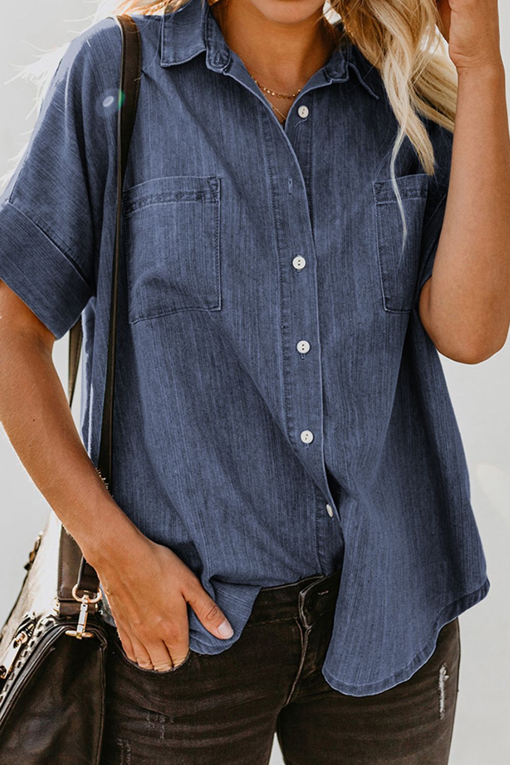 Stilla | Knap-Op Kortærmet Denim Skjorte