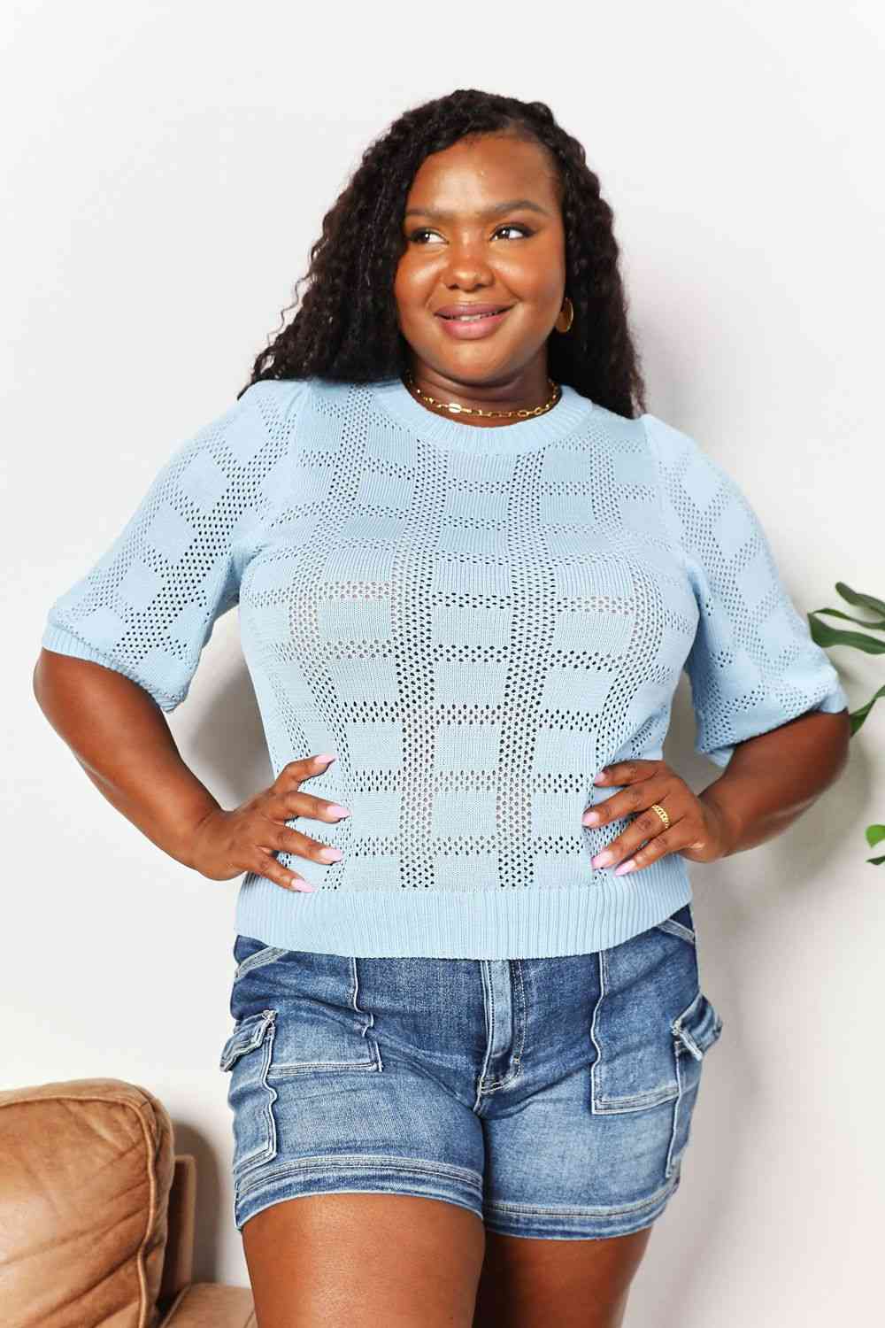 Stilla | Take Ribbet Trim Rund Hals Strik Top