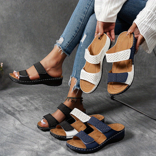 Stilla | Dame Sandaler På Kilehæl: Gyldne, Med Krystaller, Skridsikre, Komfortable, Elegante, Sommerlige