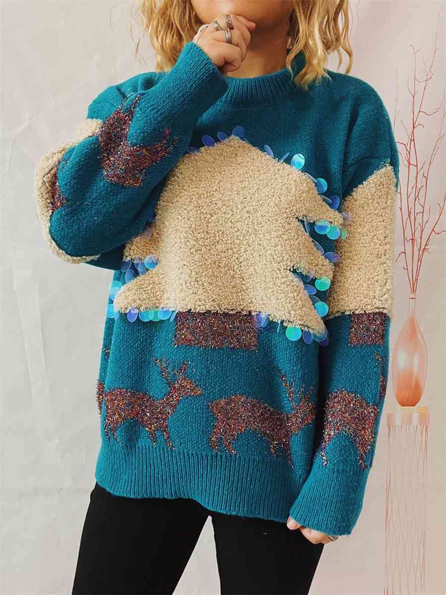 Stilla | Juletræ & Rensdyr Rund Hals Sweater