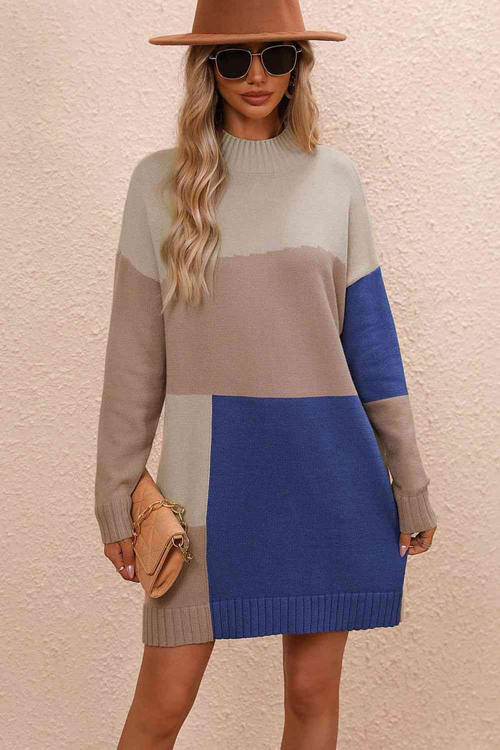Stilla | Block Mock Neck Drop Shoulder Sweater Dress