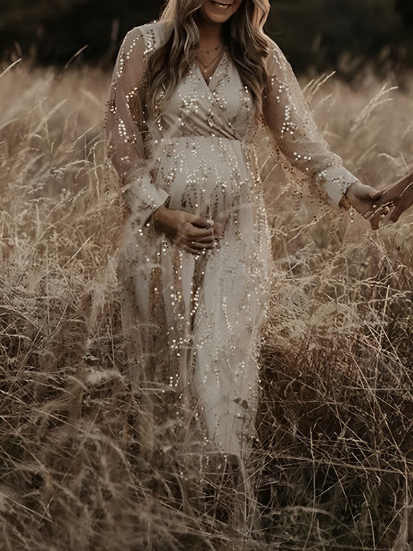 Stilla | Abrikos Elegante Boheme Pailletter Frynser Chiffon V-hals Maxi Kjoler Fotografisk Graviditet Robe