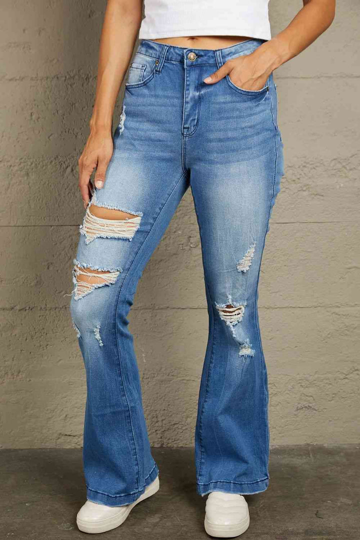 Stilla | Distressed Flare Leg Jeans Med Lommer