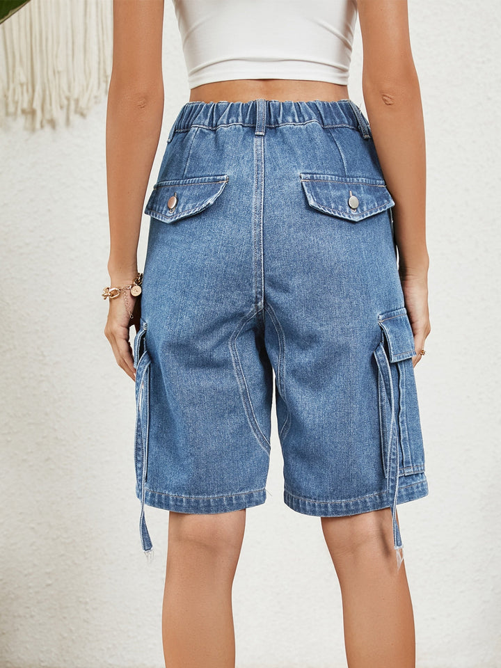 Stilla | Elastisk Talje Denim Shorts med Lommer