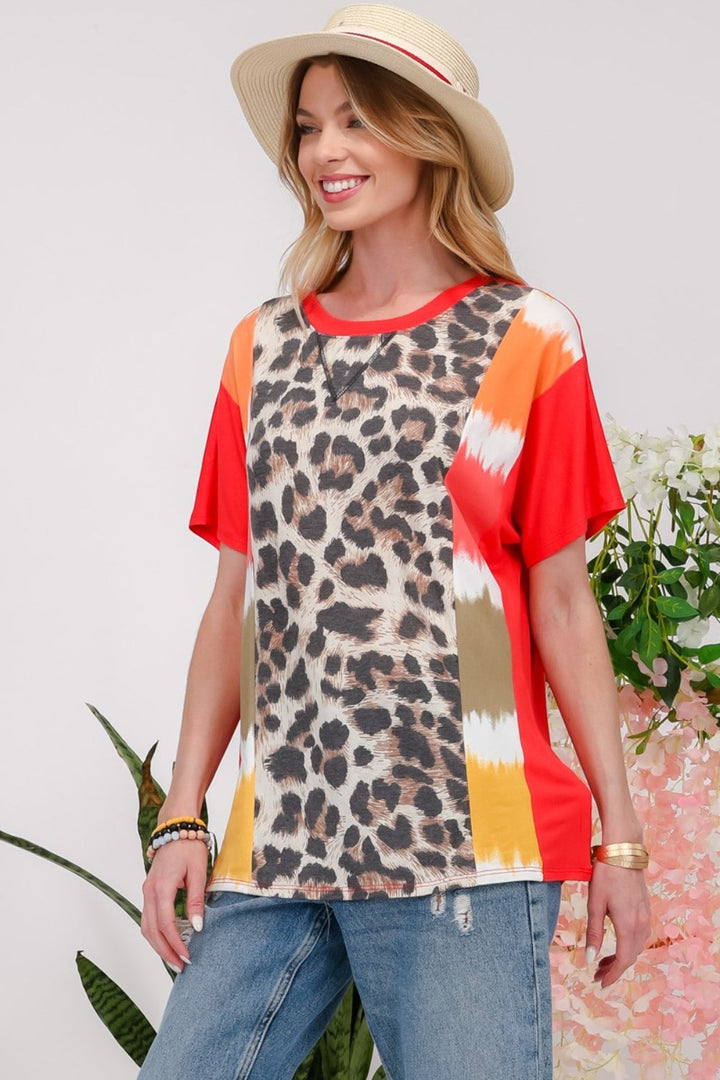 Stilla | Full Size Leopard Farveblok T-Shirt