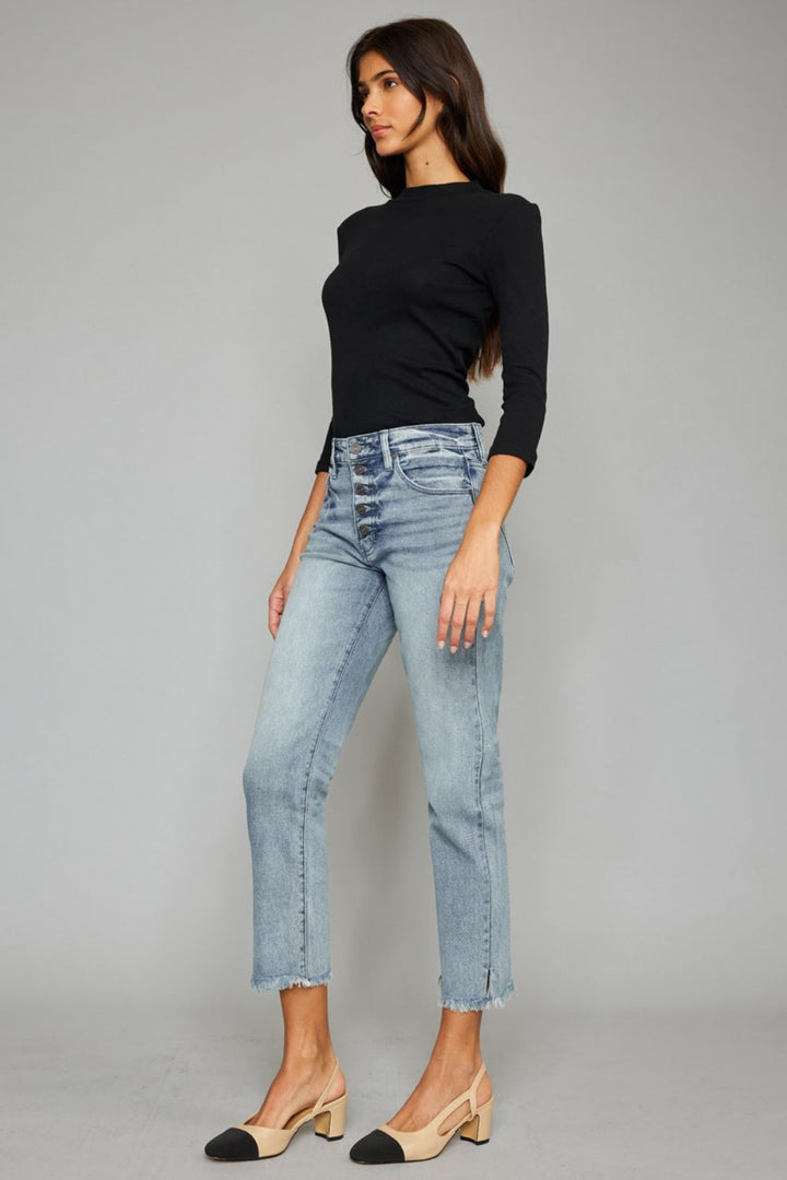 Stilla | Høj Talje Knap Fly Raw Hem Beskårede Lige Jeans