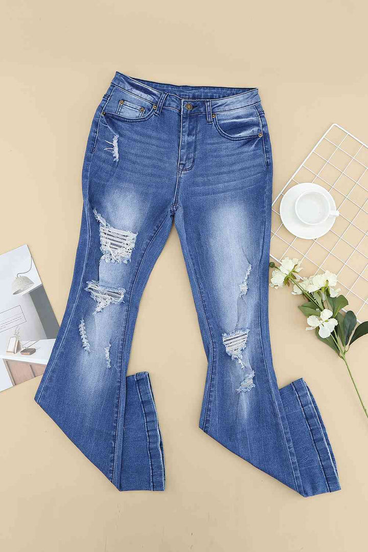 Stilla | Distressed Flare Leg Jeans Med Lommer