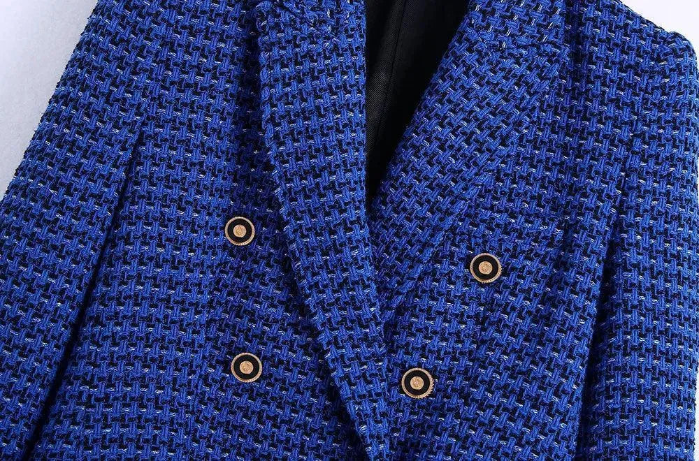 Stilla | Mørkeblå Tweed Blazer Dame - Læder - Tjekket