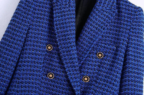 Stilla | Mørkeblå Tweed Blazer Dame - Læder - Tjekket