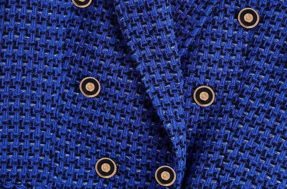 Stilla | Mørkeblå Tweed Blazer Dame - Læder - Tjekket