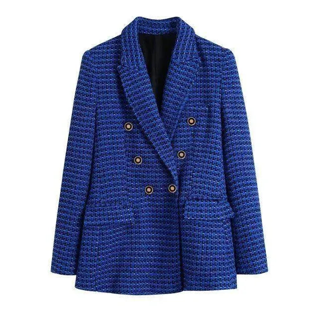 Stilla | Mørkeblå Tweed Blazer Dame - Læder - Tjekket