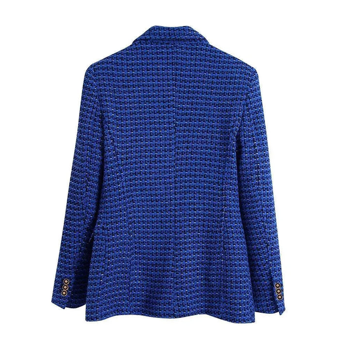 Stilla | Mørkeblå Tweed Blazer Dame - Læder - Tjekket