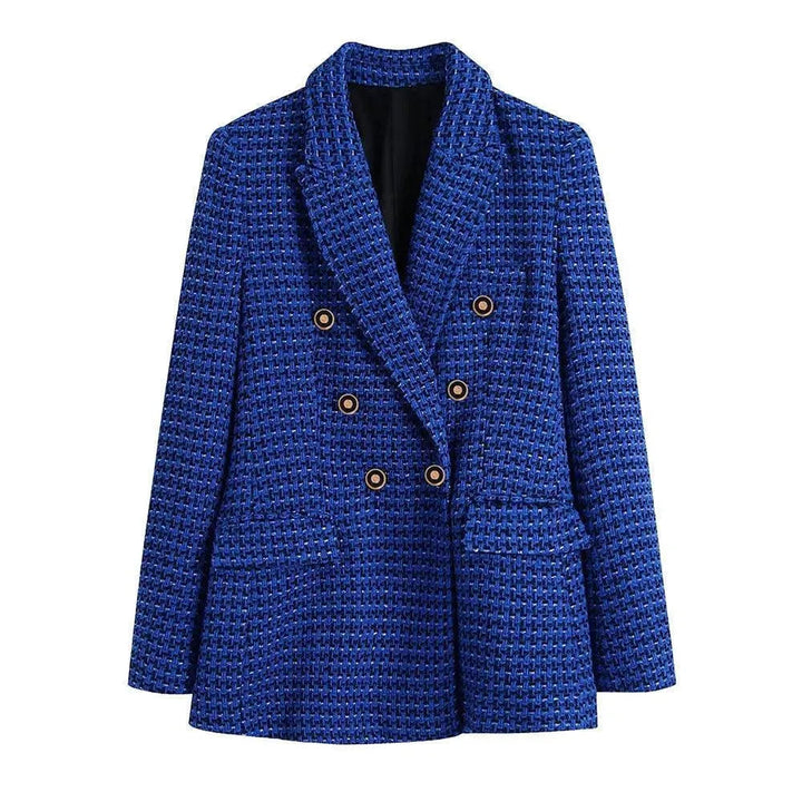 Stilla | Mørkeblå Tweed Blazer Dame - Læder - Tjekket