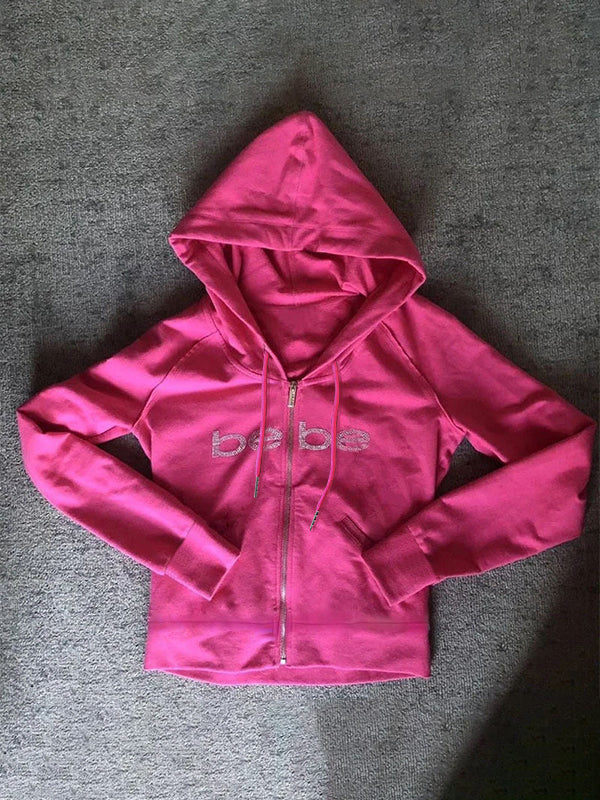 Stilla | Barbie Rosa Bogstaver Rhinestone Tryk Hoodie med Lynlås