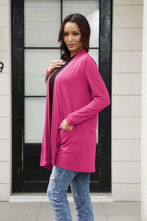 Stilla | Bae Full Size Åben Front Langærmet Cardigan Med Lommer