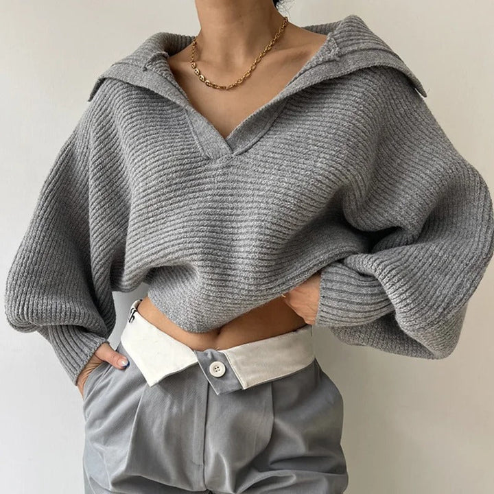 Stilla | Cozy Strikket Sweater med Lanterneærmer og Åben Krave