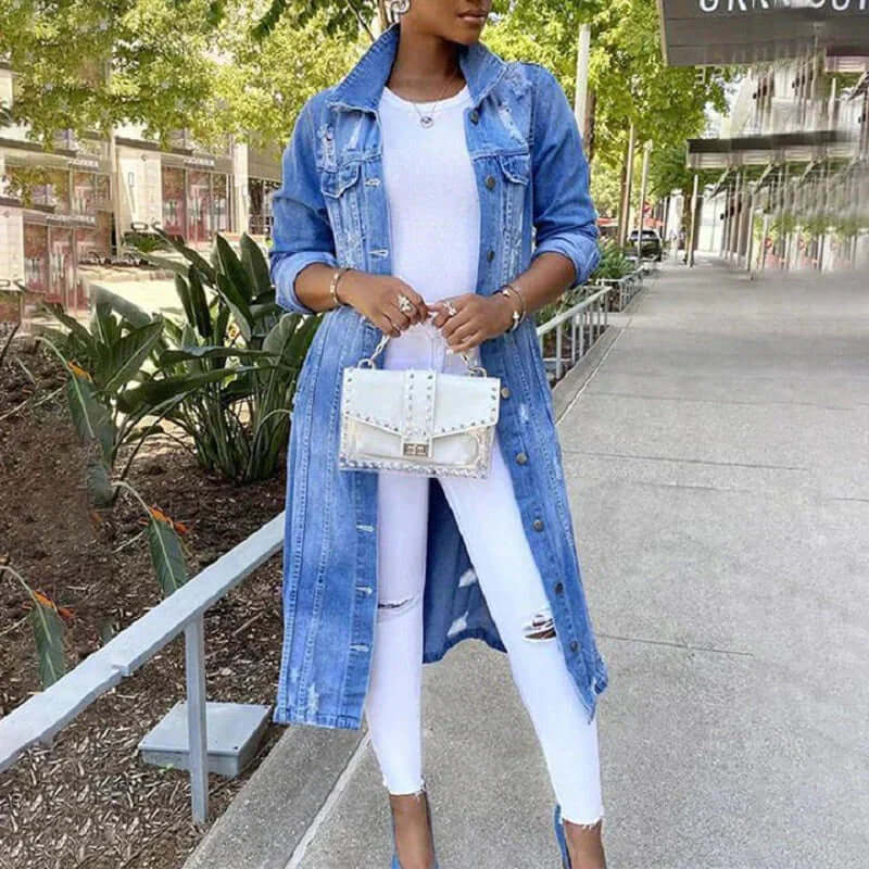 Stilla | Trenchcoat Denim Relaxed Fit Distressed Fuldstændig Knap Front