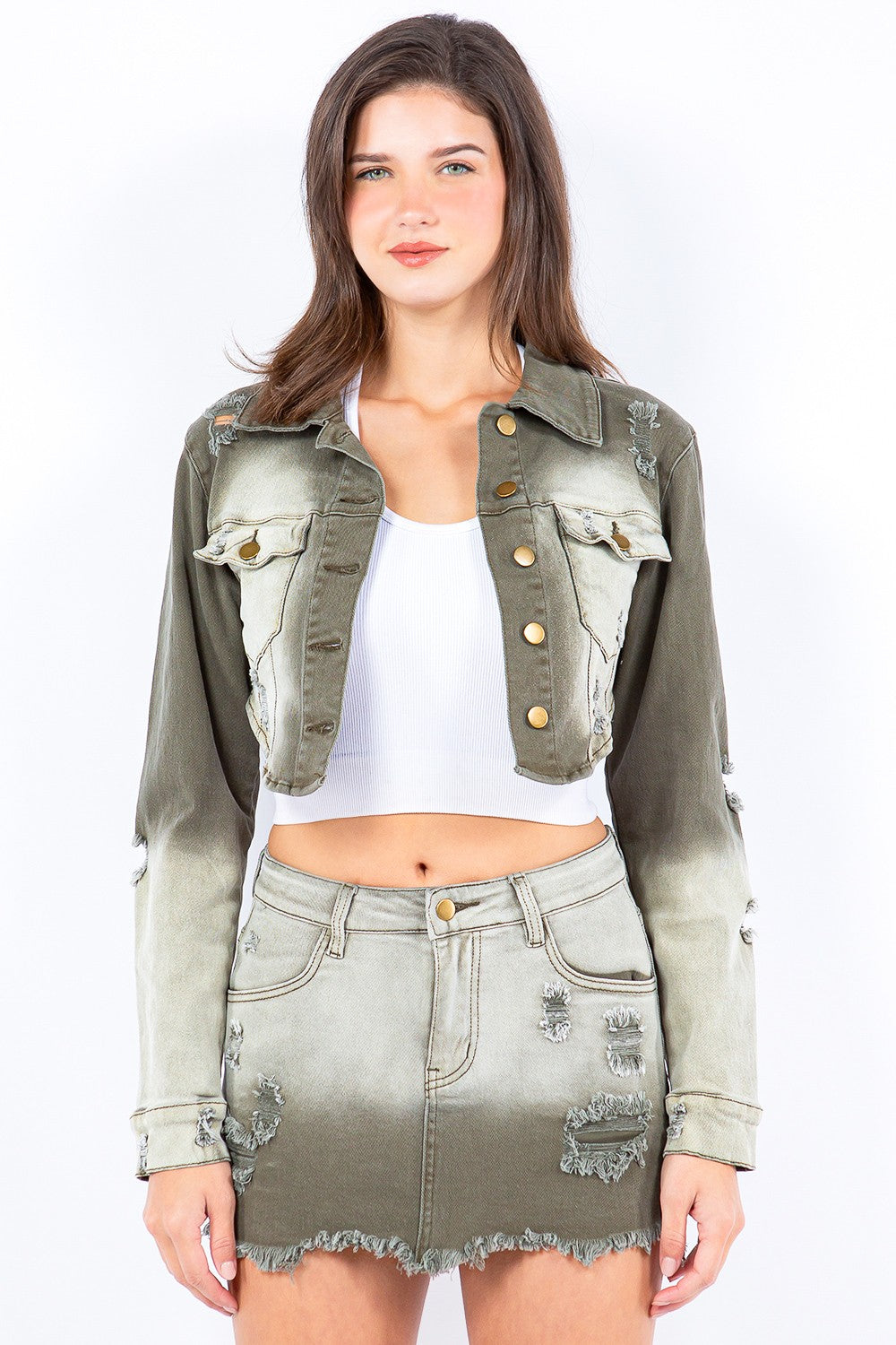 Stilla | Bazi Distressed Ombre Vasket Cropped Denim Jakke