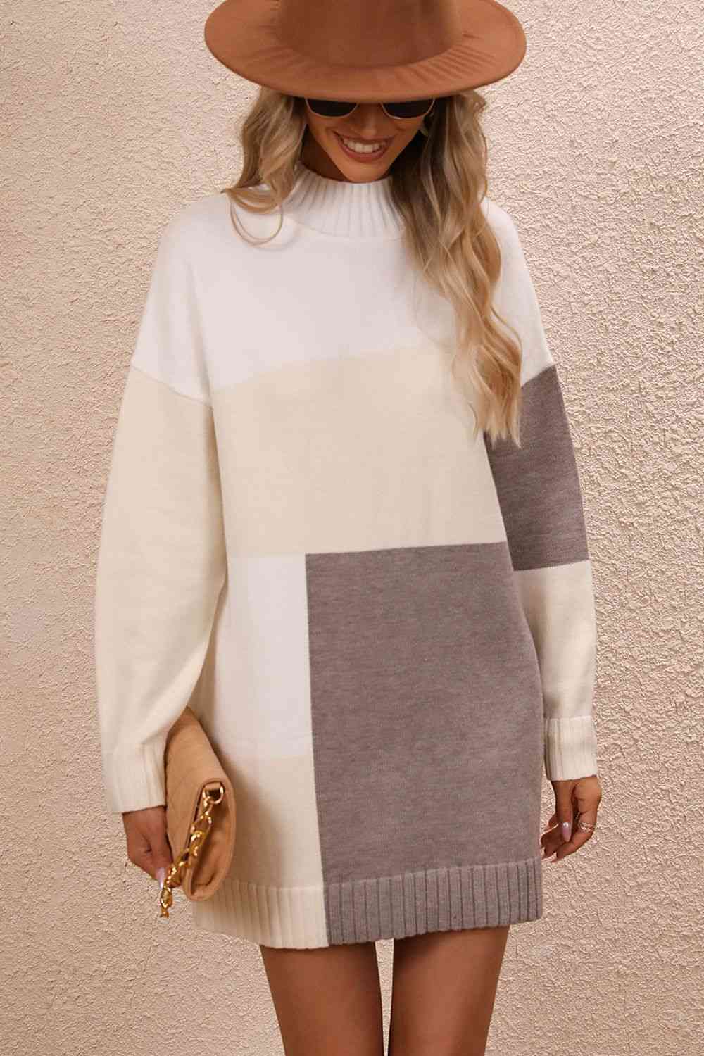 Stilla | Block Mock Neck Drop Shoulder Sweater Dress