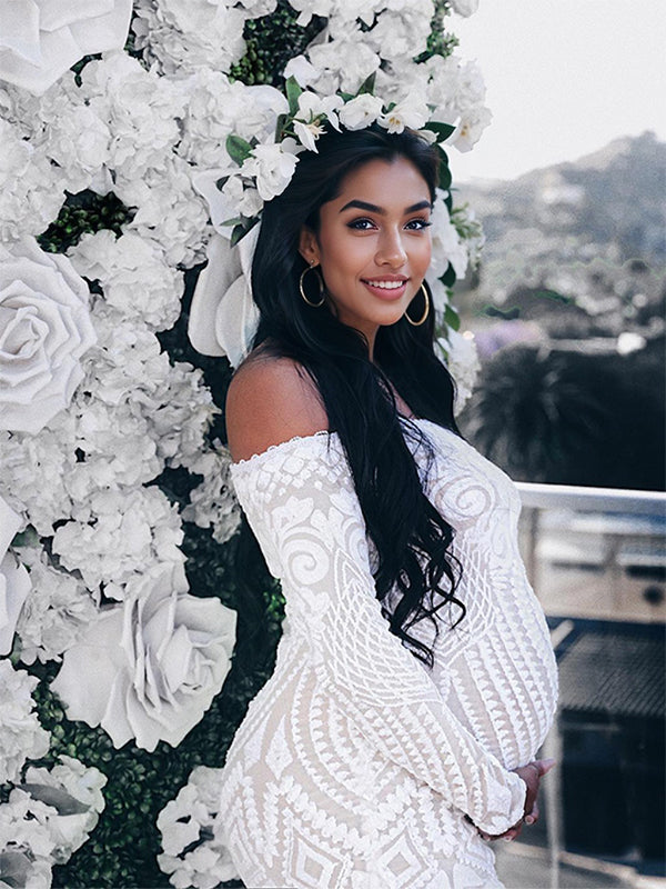 Stilla | Hvid Dækpude Pailletter Bare Skuldre Fishtail Elegante Tynd Bubble Ærme Fest Maxi Kjoler Fotografisk Gravidkjole