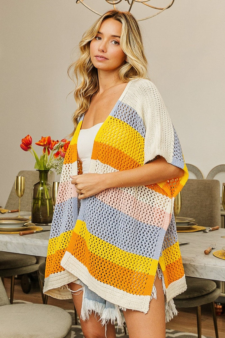 Stilla | Hulmønstret Stribet Åben Front Strik Cardigan