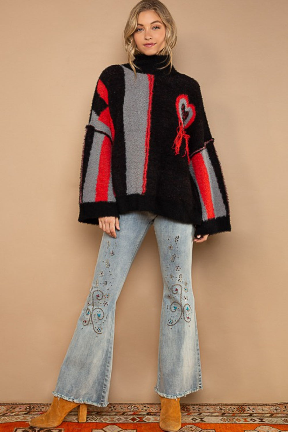 Stilla | Turtleneck Farveblok Frynse Detalje Sweater