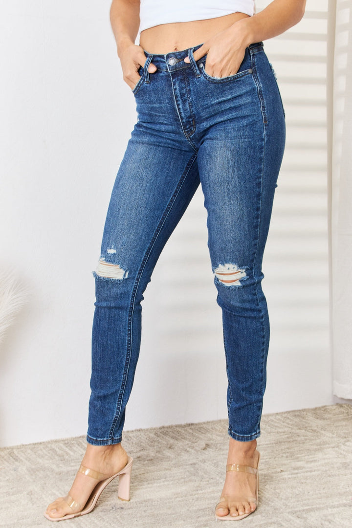 Stilla | Blå Full Size Mid Waist Distressed Slim Jeans