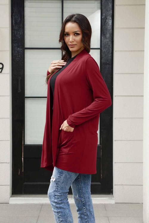 Stilla | Bae Full Size Åben Front Langærmet Cardigan Med Lommer