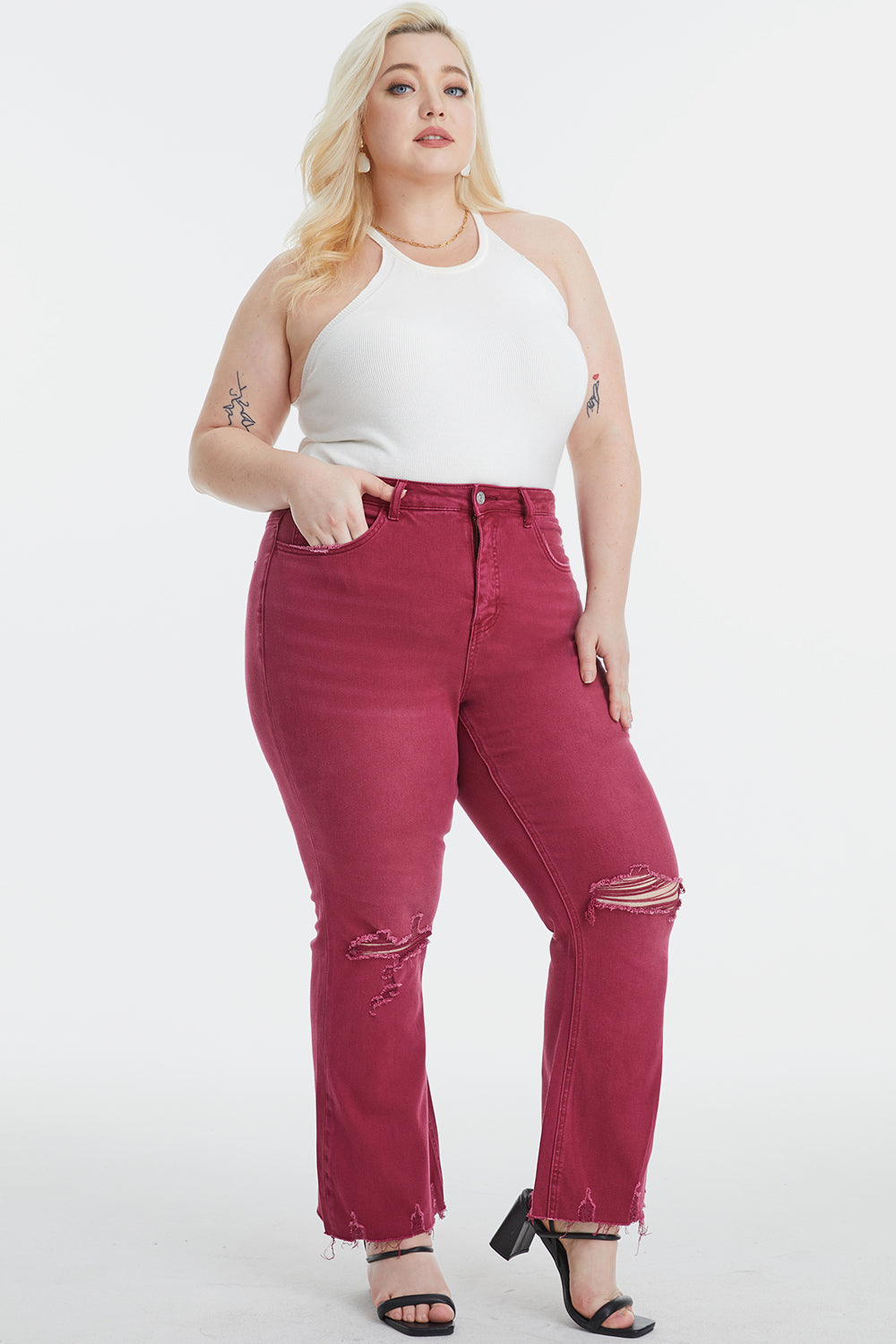 Stilla | Full Size Høj Talje Distressed Raw Hem Flare Jeans