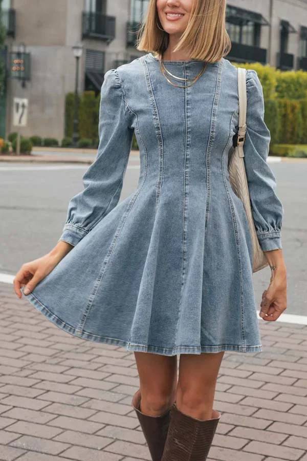 Skovae | Fade Into You Denim Prinsesse Linie Ryg lynlås Flare Stretch Mini Kjole