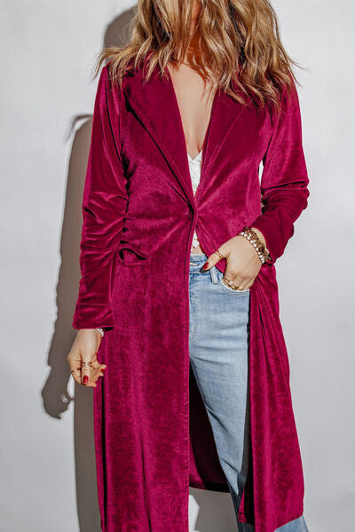Stilla | Neck Longline Velvet Cardigan Med Lommer