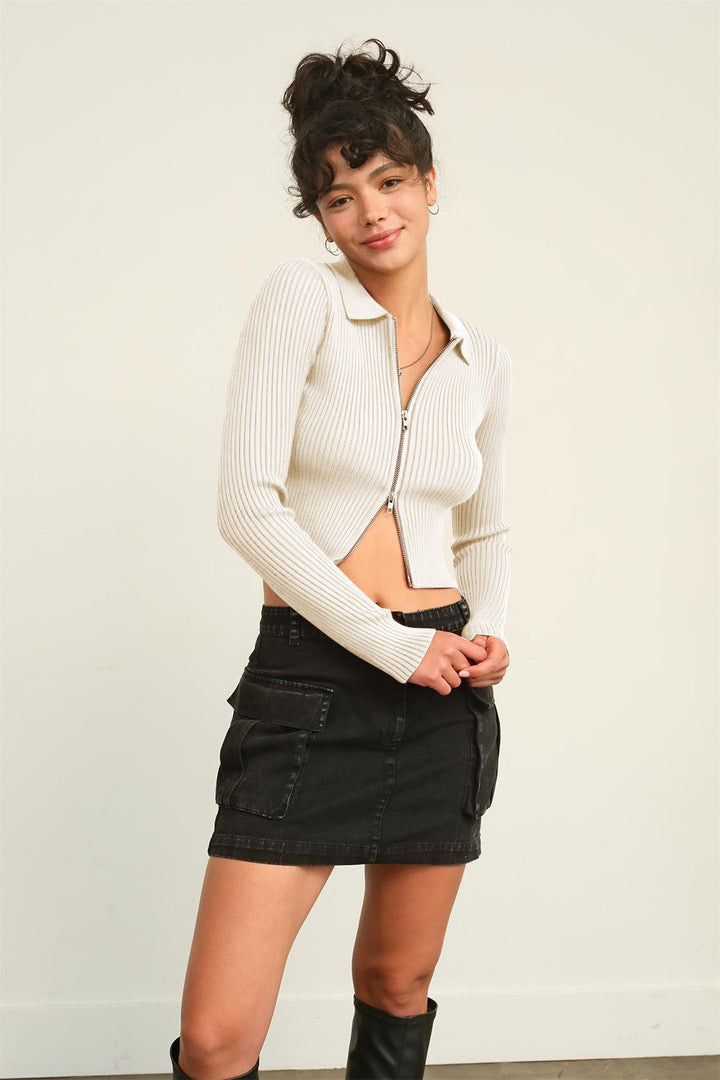 Stilla | Ribbet Dobbelt Lynlås Cropped Cardigan