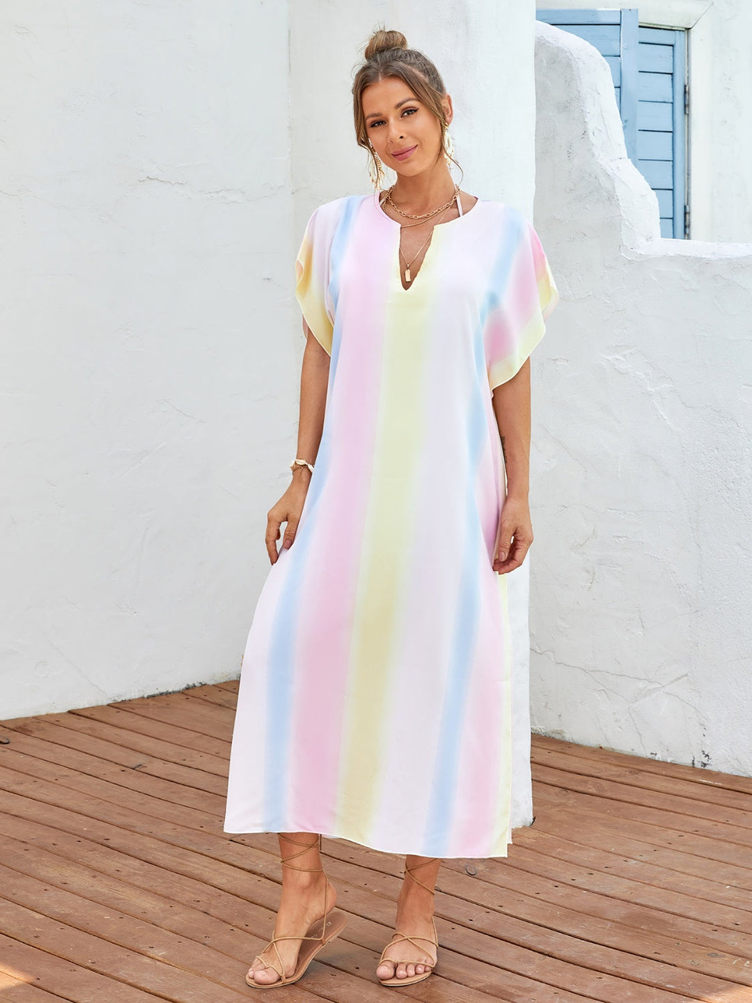 Stilla | Stribet Notched Kort Ærme Cover up