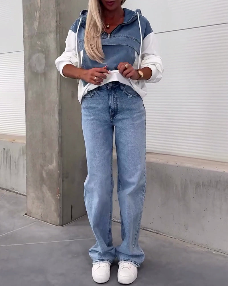 Stilla | Hætte trøje med lynlås og patchwork mønster i denim