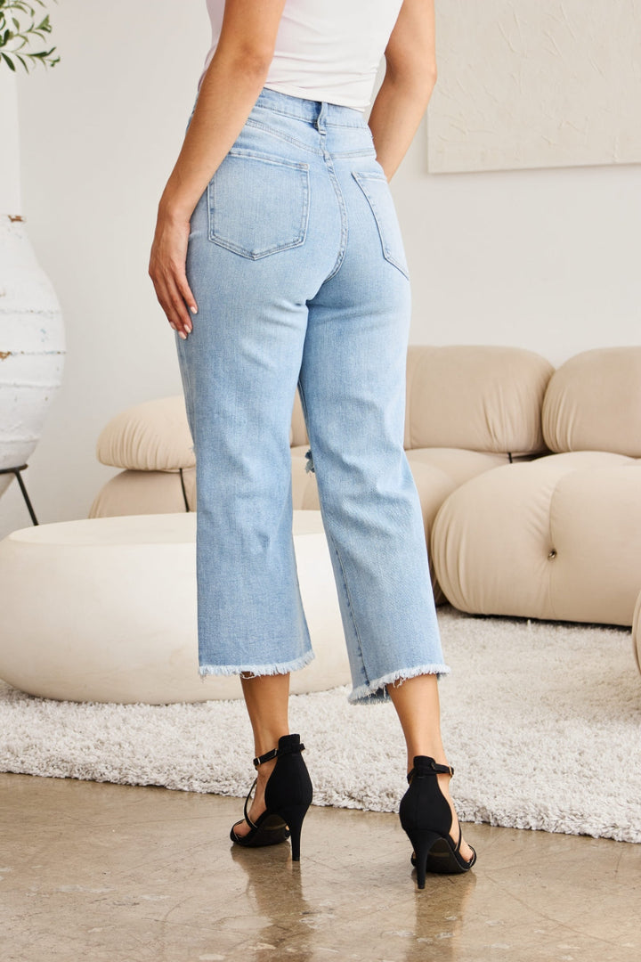 Stilla | Full Size Mavekontrol Høj Talje Raw Hem Distressed Jeans