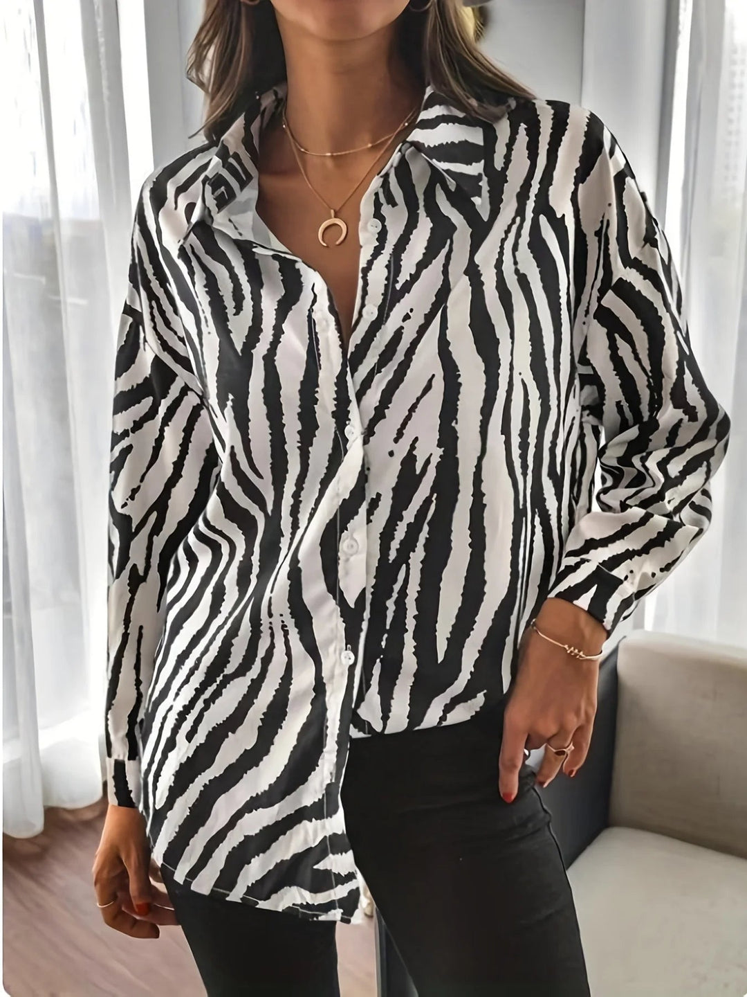 Stilla | Elegant Zebra Print Langærmet Skjorte til Kvinder