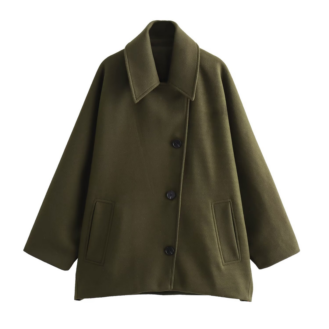 Stilla | Frakke Oversized Pasform Uld-Look Flagermusærmer Knaplukning Nedfoldet Krave
