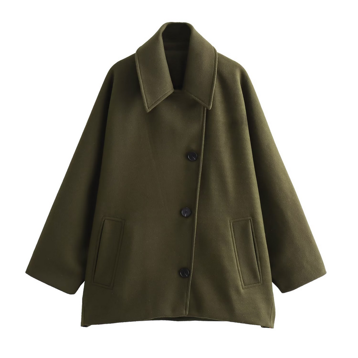 Stilla | Frakke Oversized Pasform Uld-Look Flagermusærmer Knaplukning Nedfoldet Krave