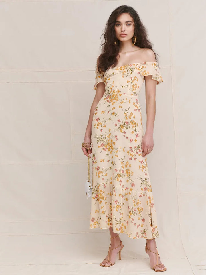 Stilla | Off Shoulder Blomster Midikjole Gul
