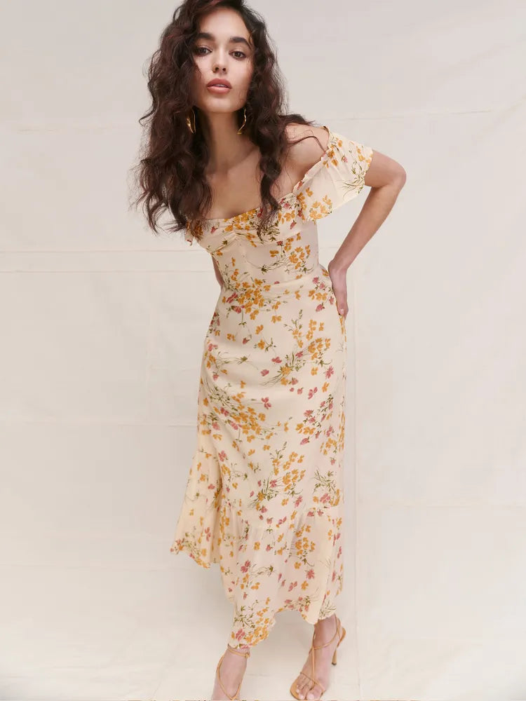 Stilla | Off Shoulder Blomster Midikjole Gul
