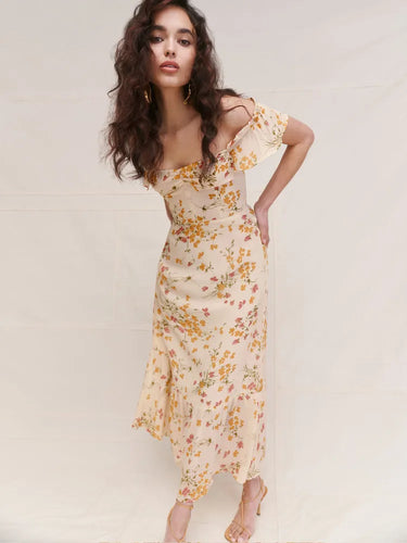 Stilla | Off Shoulder Blomster Midikjole Gul
