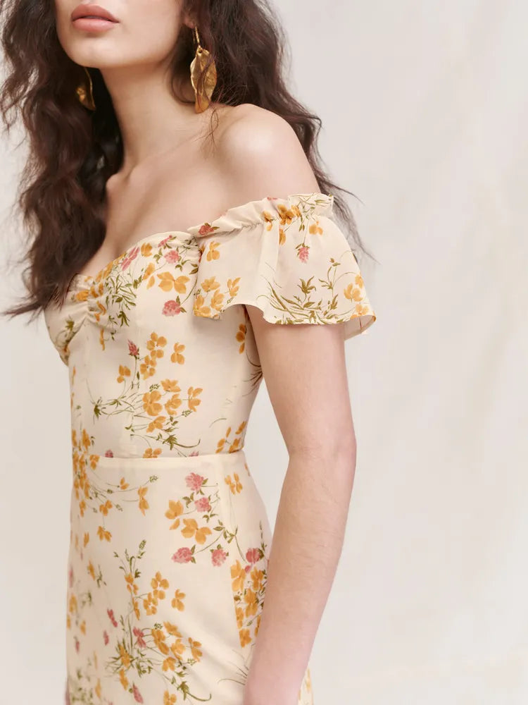Stilla | Off Shoulder Blomster Midikjole Gul