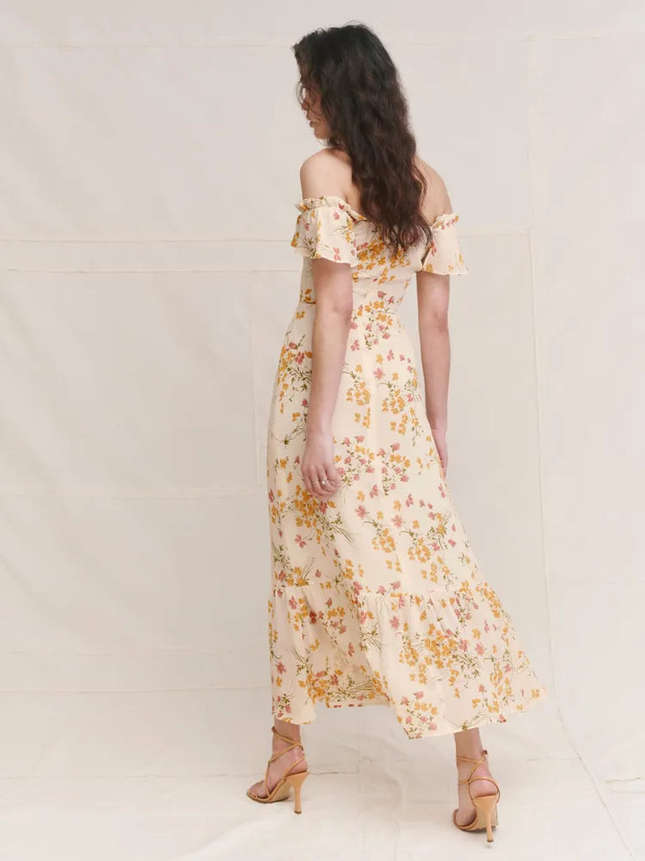 Stilla | Off Shoulder Blomster Midikjole Gul