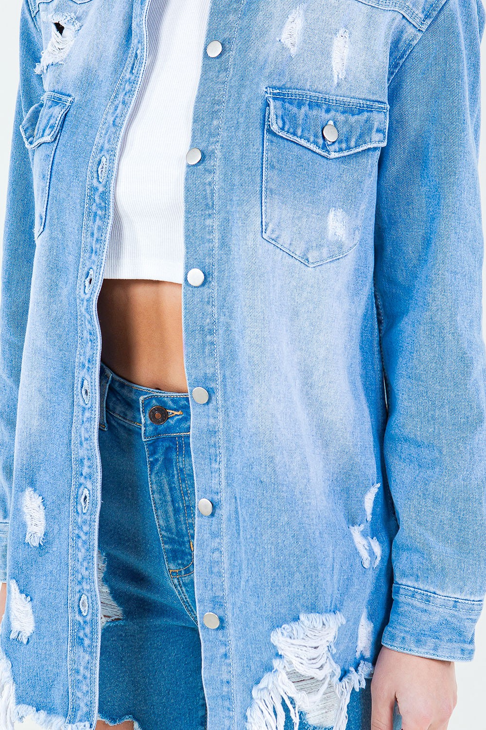 Stilla | Bazi Frayed Hem Distressed Denim Shirt Jacket