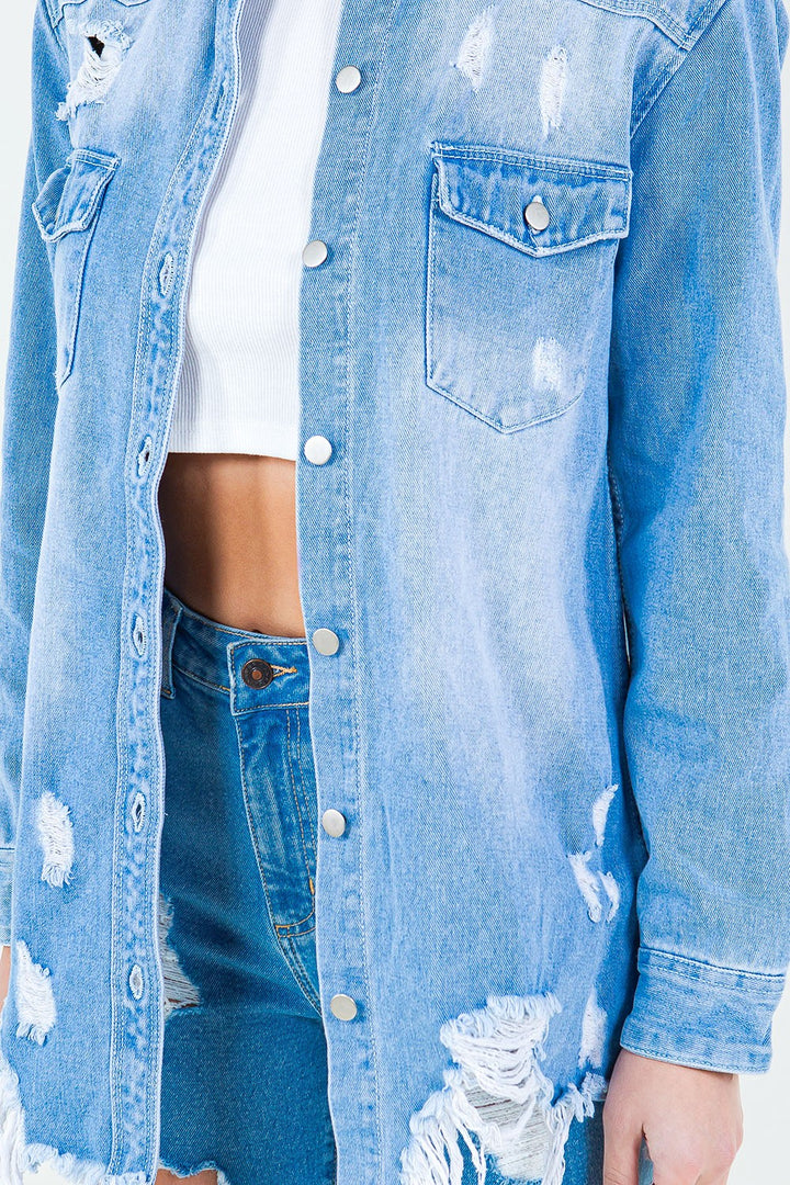 Stilla | Bazi Frayed Hem Distressed Denim Shirt Jacket