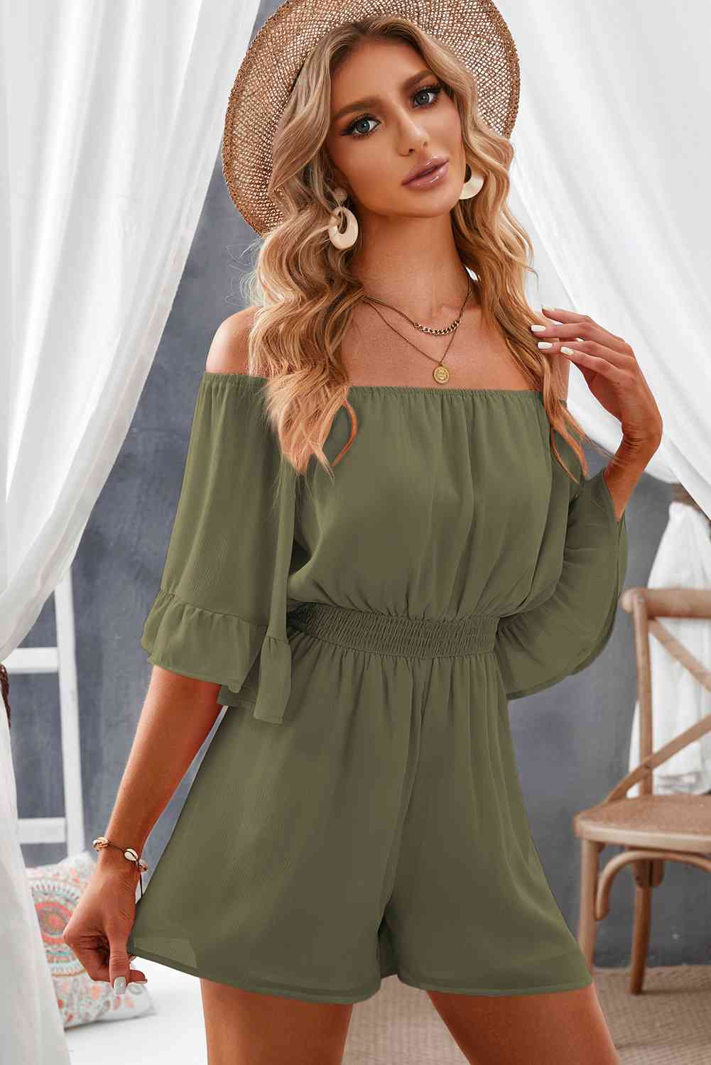 Stilla | Skulder Smocked Talje Flounce Ærme Romper