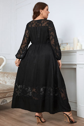 Stilla | Tøj Plus Size Broderi Rund Hals Lange Ærmer Maxi Kjole