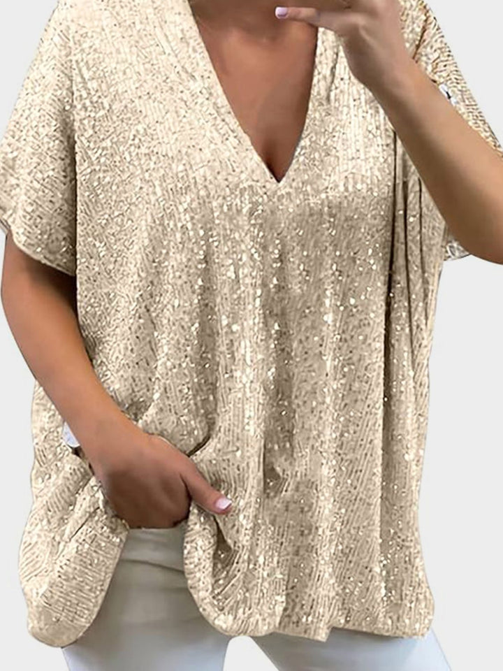Stilla | Plus Size Paillet V-Hals Kortærmet Top