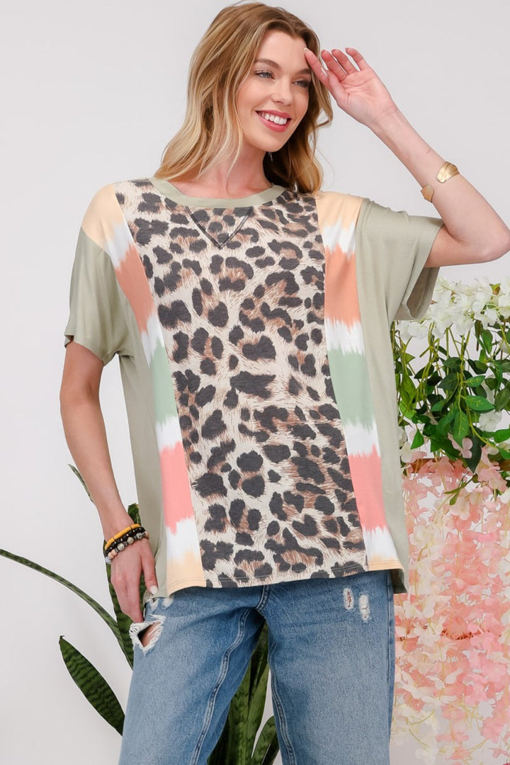 Stilla | Full Size Leopard Farveblok T-Shirt
