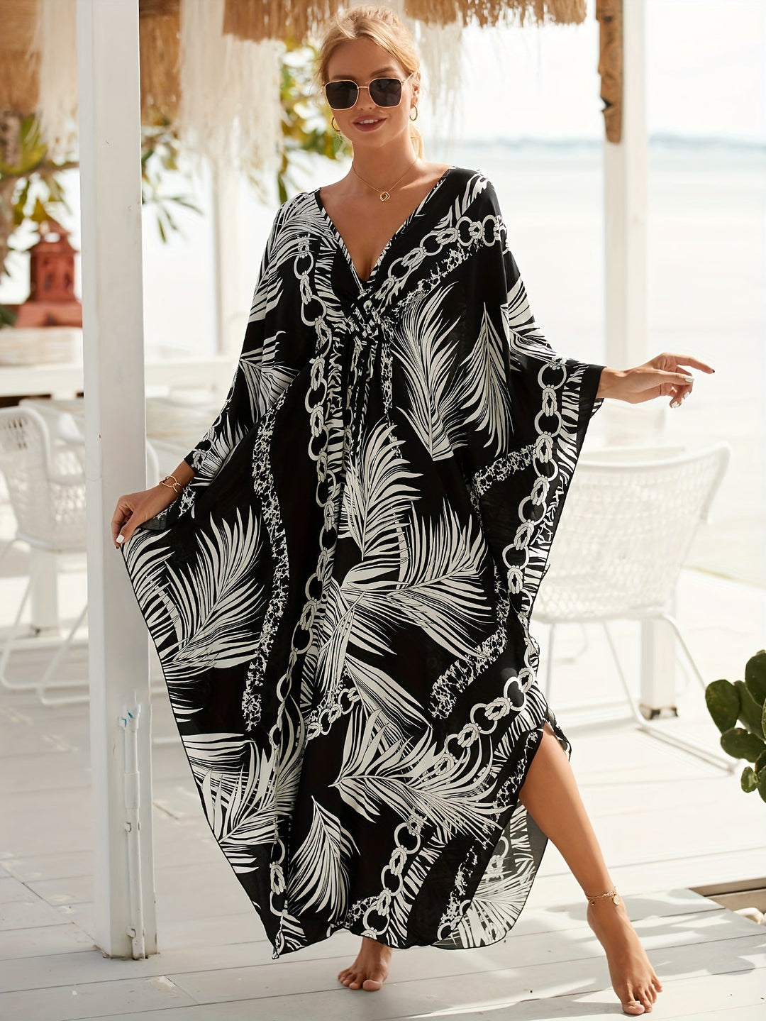 Stilla | Boho Dame Strandkjole Sort Hvid Maxi Kjole Med V-Hals,